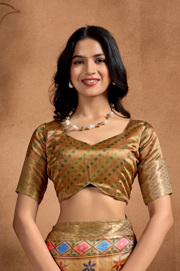Golden Beige Floral Motif Soft Silk Saree with Zari Border