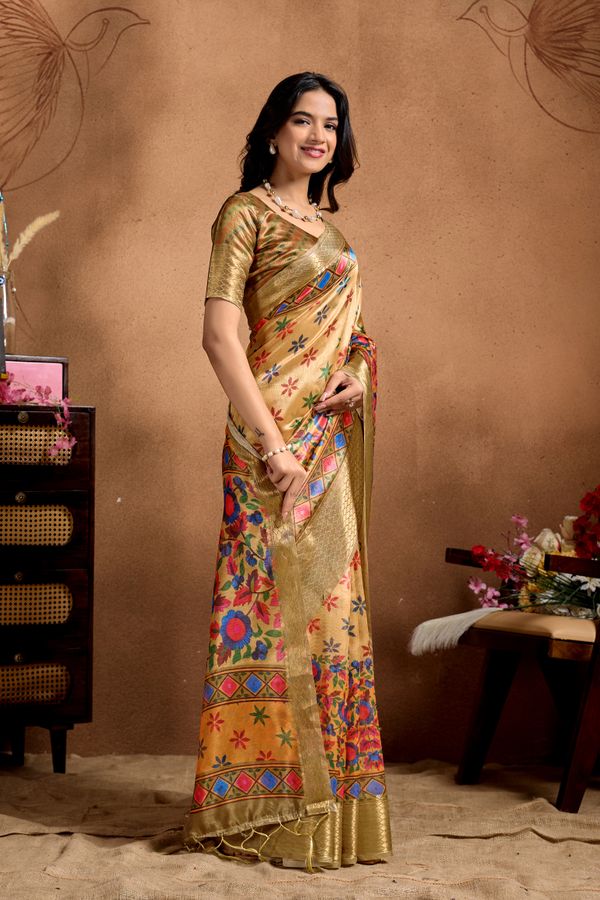 Golden Beige Floral Motif Soft Silk Saree with Zari Border