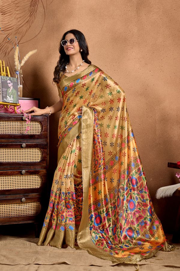 Golden Beige Floral Motif Soft Silk Saree with Zari Border