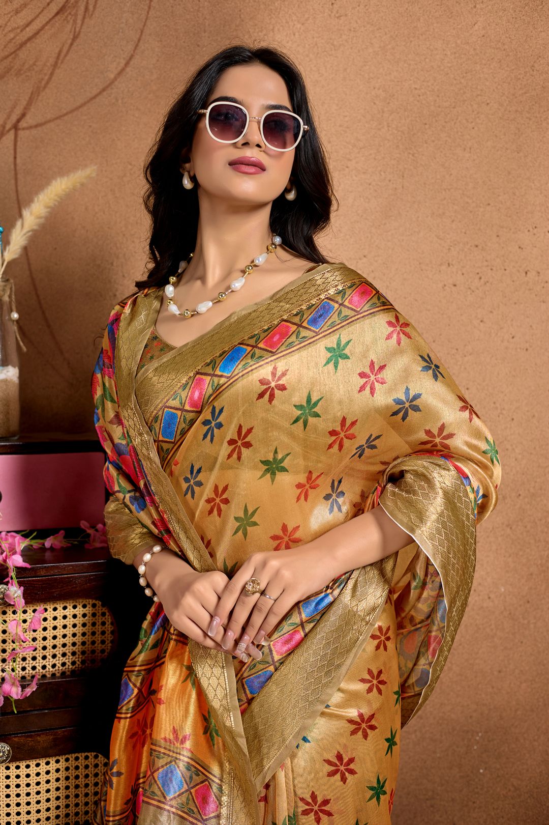 Golden Beige Floral Motif Soft Silk Saree with Zari Border