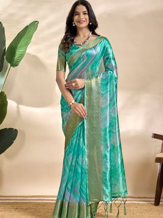 Aqua Teal Abstract Wave Soft Silk Blend Saree with Zari Border