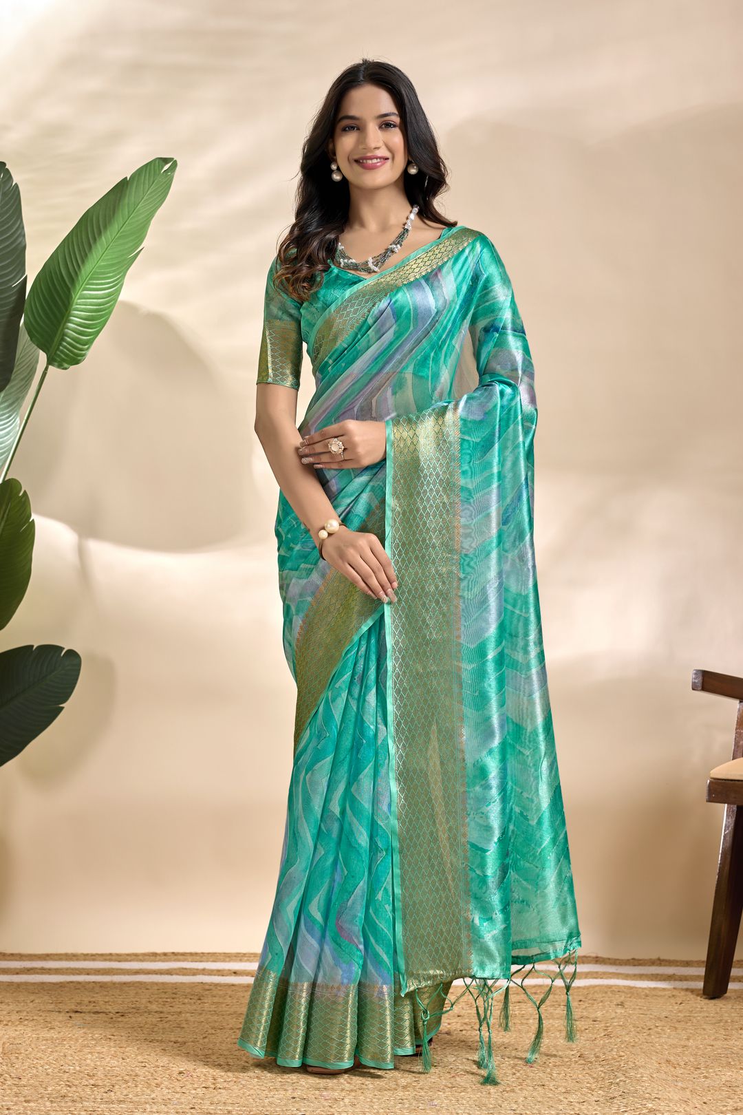 Aqua Teal Abstract Wave Soft Silk Blend Saree with Zari Border
