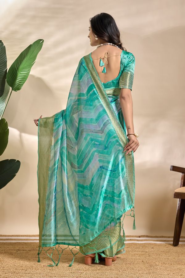 Aqua Teal Abstract Wave Soft Silk Blend Saree with Zari Border