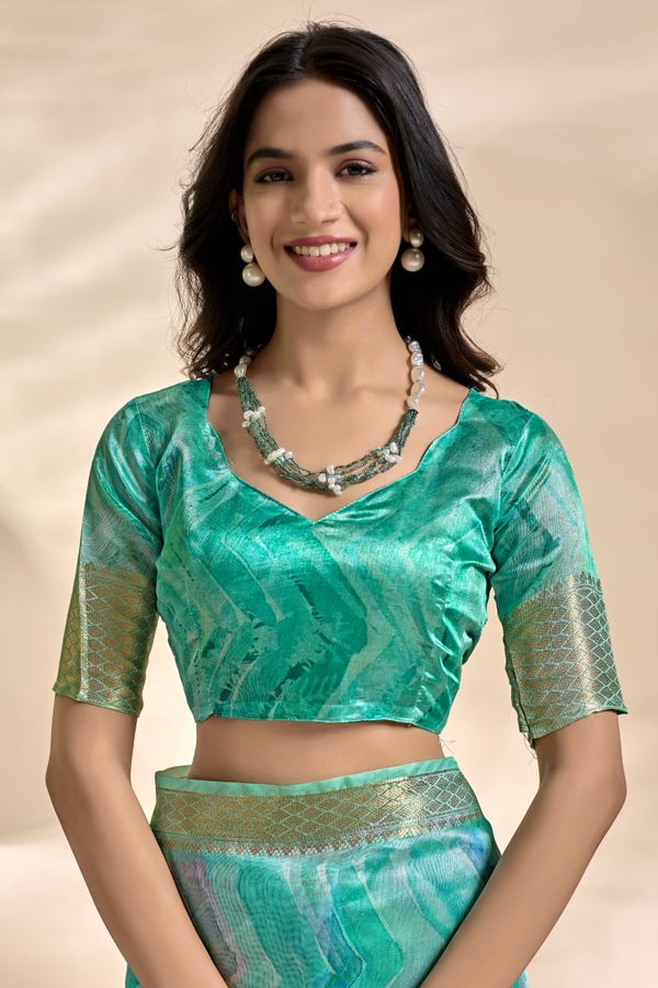 Aqua Teal Abstract Wave Soft Silk Blend Saree with Zari Border
