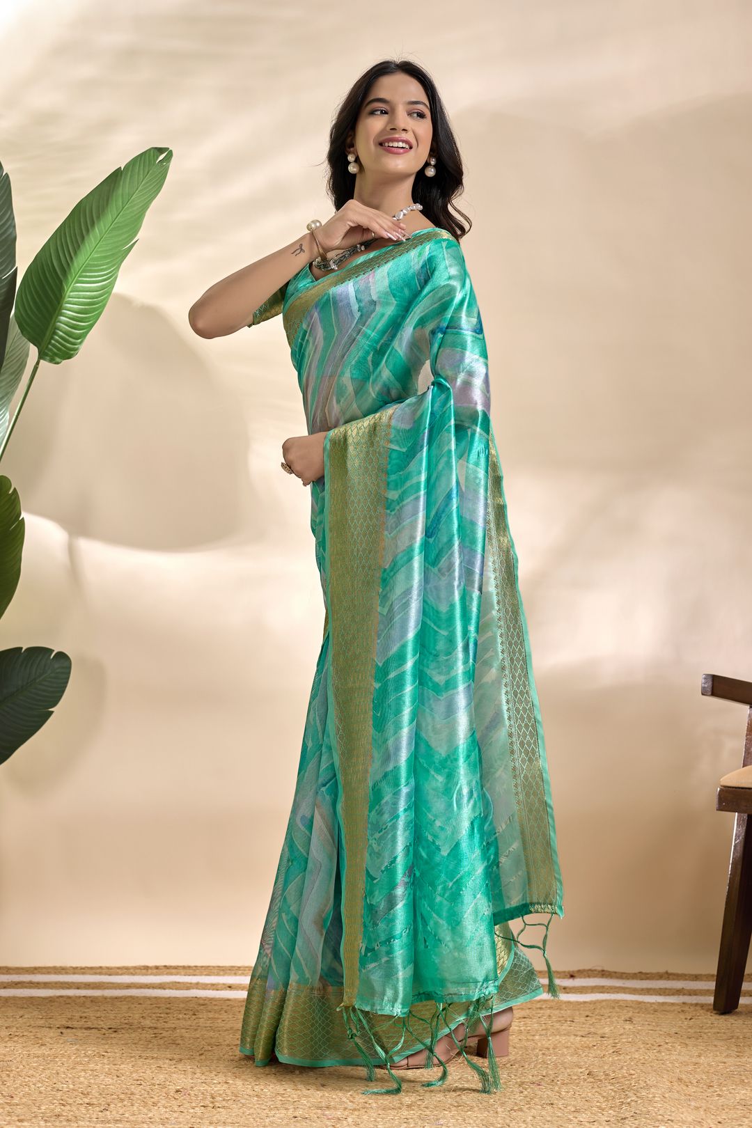 Aqua Teal Abstract Wave Soft Silk Blend Saree with Zari Border