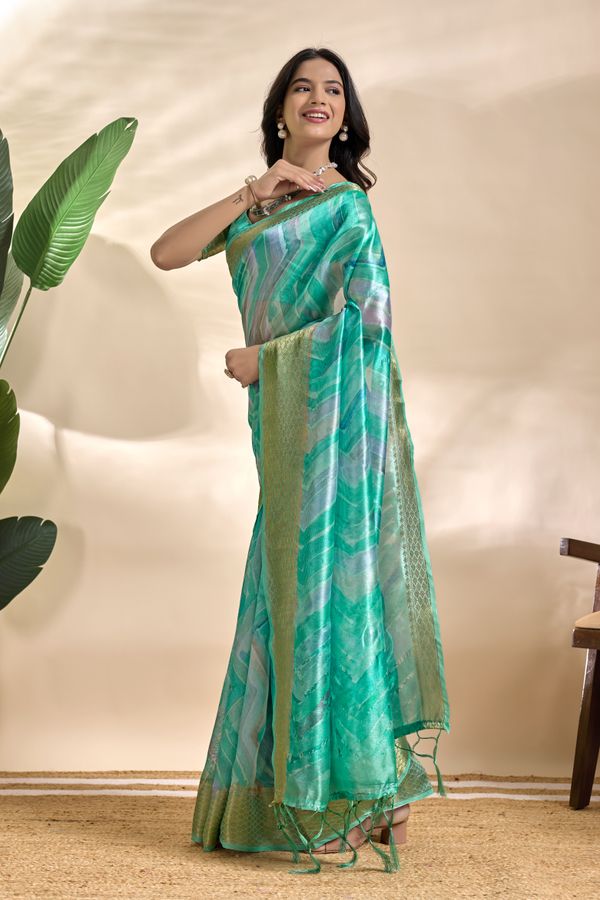 Aqua Teal Abstract Wave Soft Silk Blend Saree with Zari Border