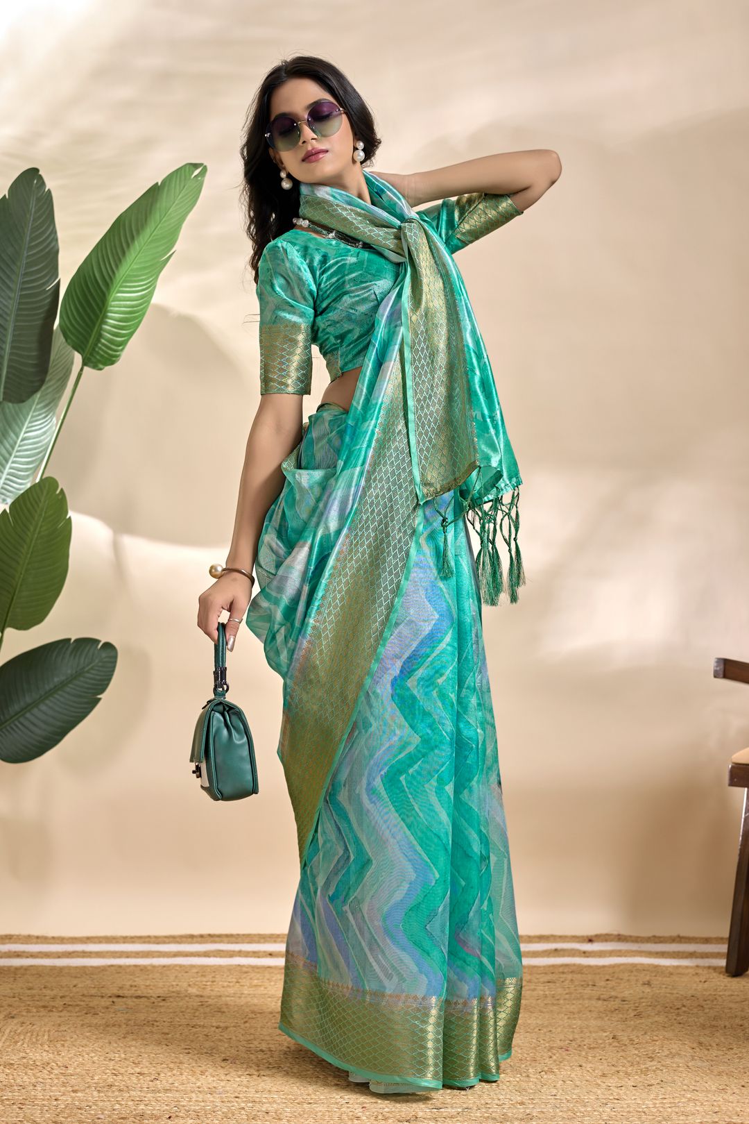 Aqua Teal Abstract Wave Soft Silk Blend Saree with Zari Border