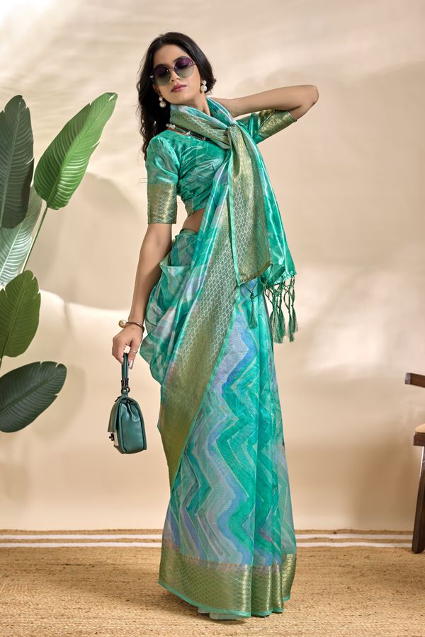 Aqua Teal Abstract Wave Soft Silk Blend Saree with Zari Border