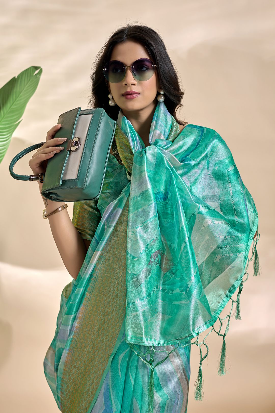 Aqua Teal Abstract Wave Soft Silk Blend Saree with Zari Border