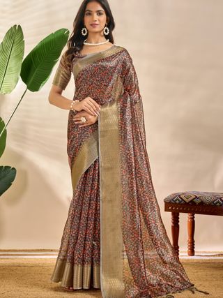Charcoal Floral Soft Silk Blend Saree with Golden Zari