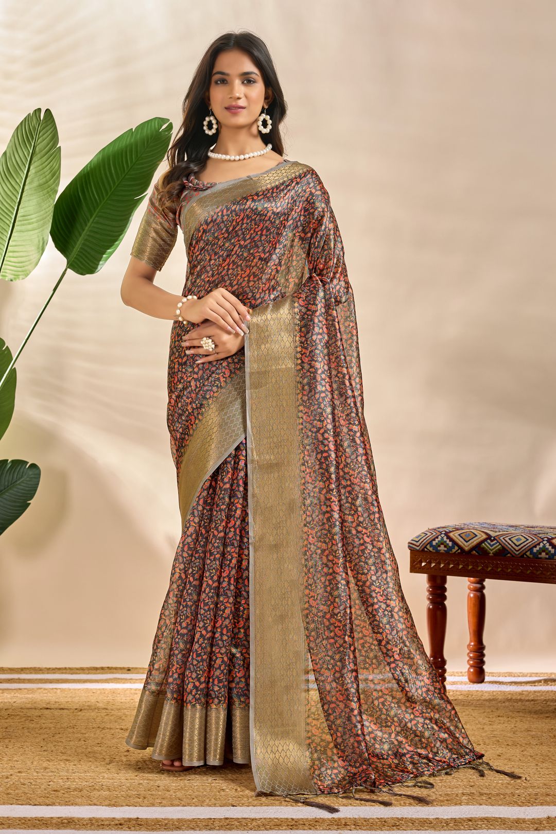 Charcoal Floral Soft Silk Blend Saree with Golden Zari