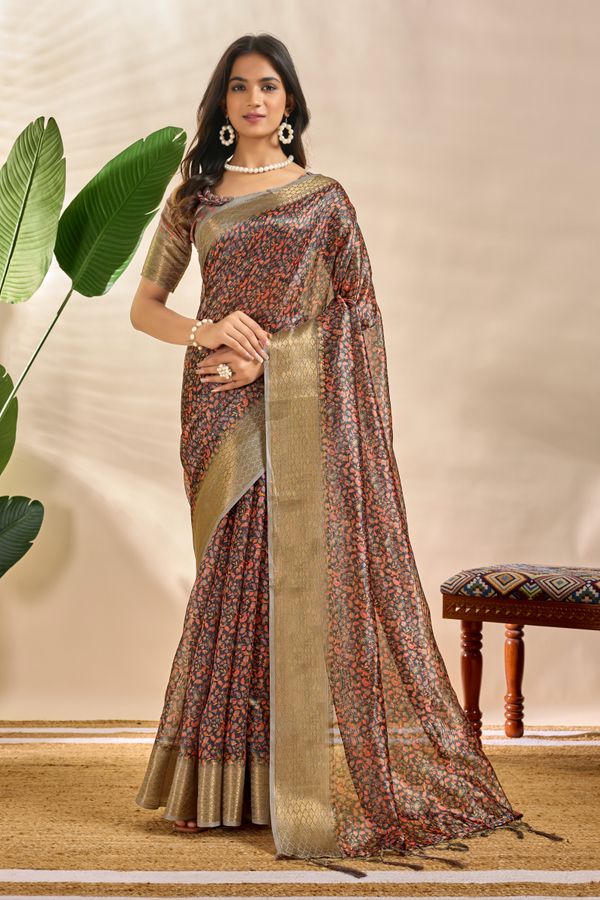 Charcoal Floral Soft Silk Blend Saree with Golden Zari