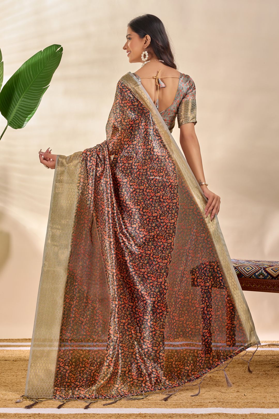 Charcoal Floral Soft Silk Blend Saree with Golden Zari