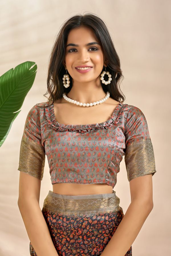 Charcoal Floral Soft Silk Blend Saree with Golden Zari