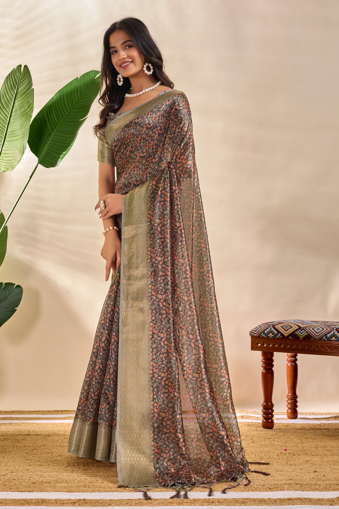 Charcoal Floral Soft Silk Blend Saree with Golden Zari