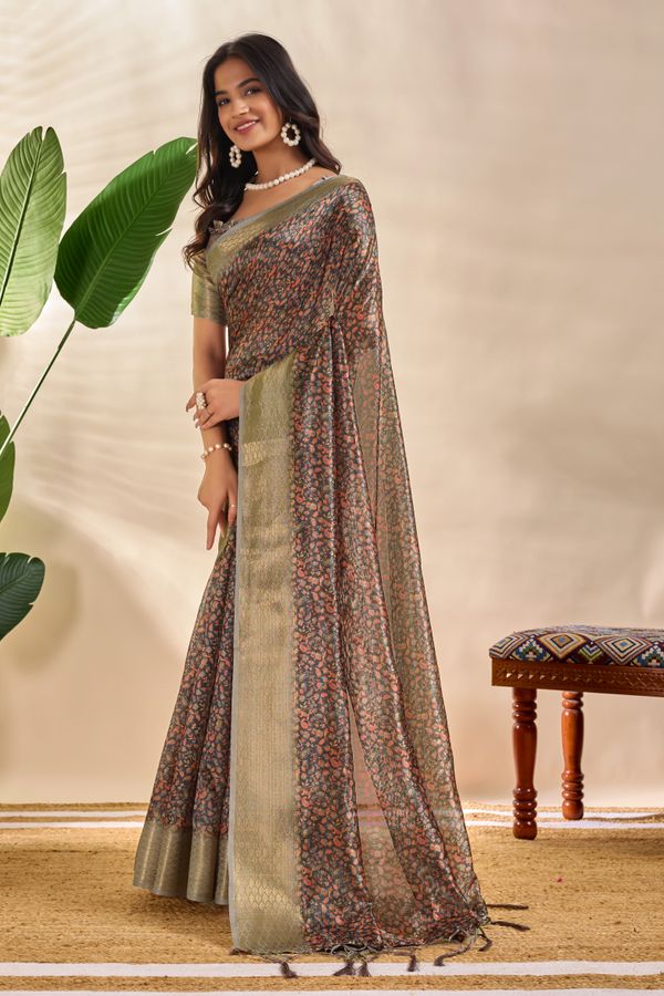 Charcoal Floral Soft Silk Blend Saree with Golden Zari