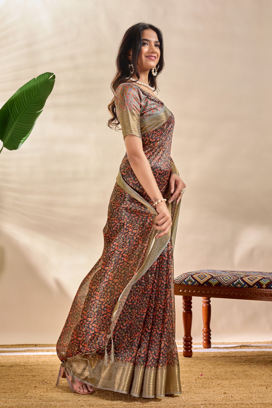 Charcoal Floral Soft Silk Blend Saree with Golden Zari