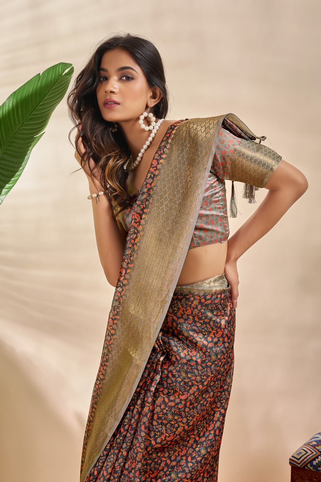 Charcoal Floral Soft Silk Blend Saree with Golden Zari