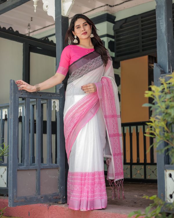 Pink White Linen Cotton Saree with Printed Border and Pallu