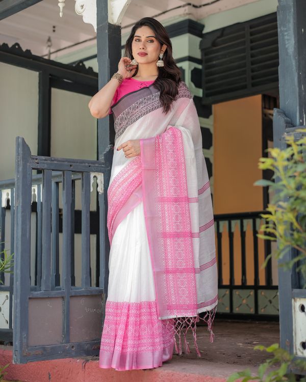 Pink White Linen Cotton Saree with Printed Border and Pallu