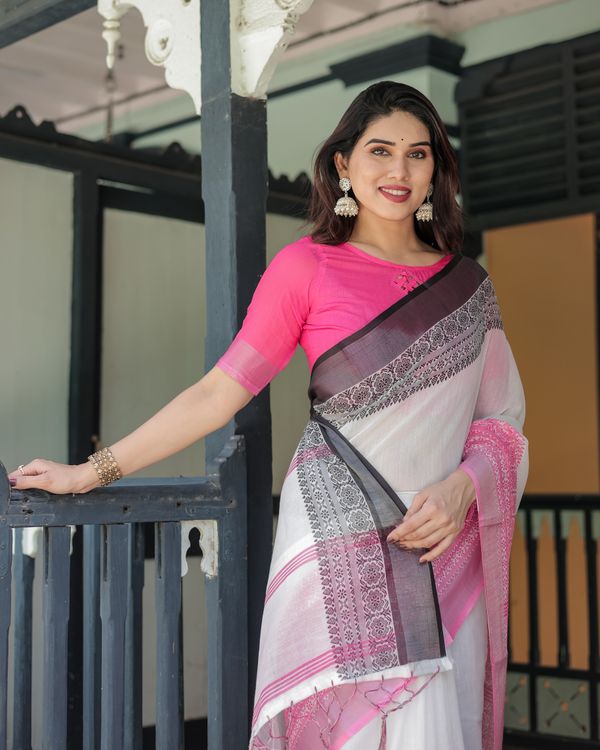 Pink White Linen Cotton Saree with Printed Border and Pallu