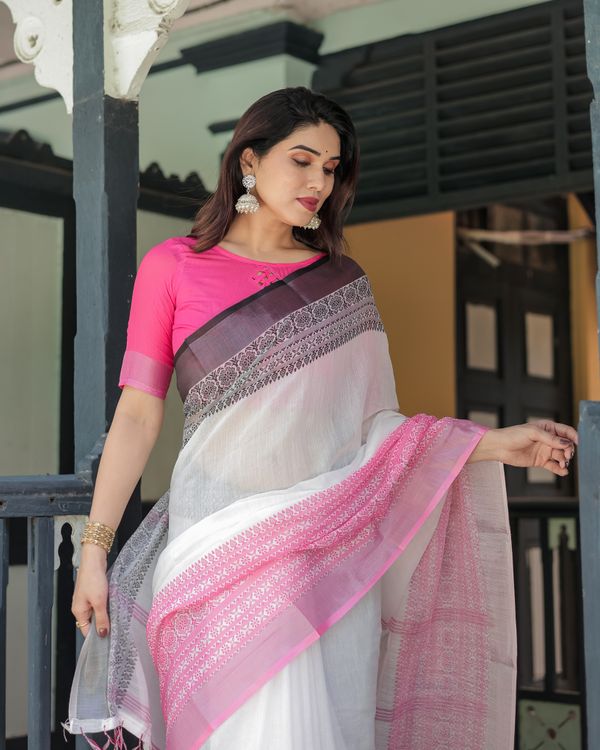 Pink White Linen Cotton Saree with Printed Border and Pallu