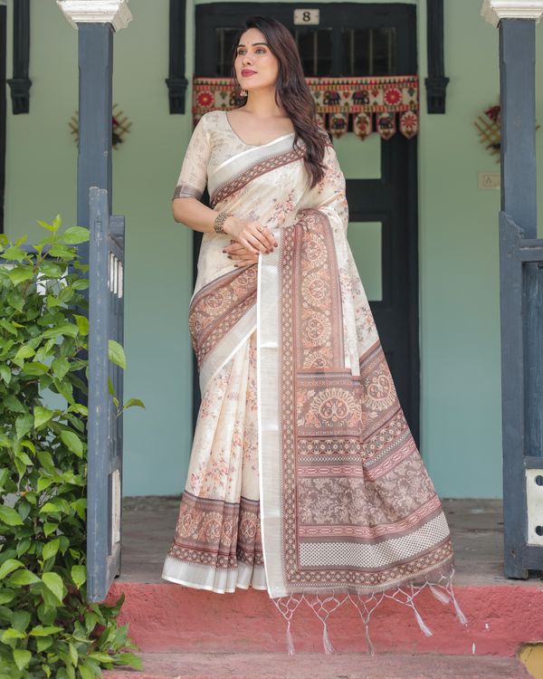Ivory Linen Cotton Saree with Floral Print & Detailed Pallu