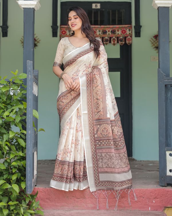 Ivory Linen Cotton Saree with Floral Print & Detailed Pallu