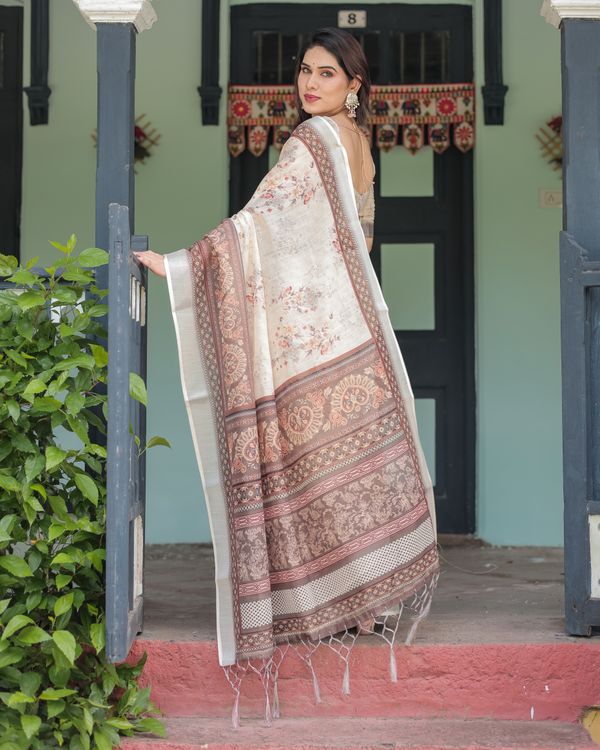 Ivory Linen Cotton Saree with Floral Print & Detailed Pallu