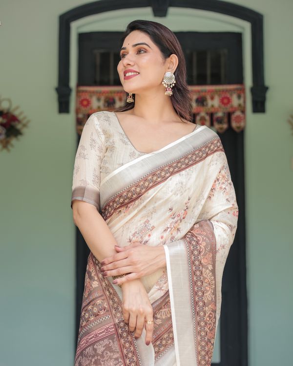 Ivory Linen Cotton Saree with Floral Print & Detailed Pallu