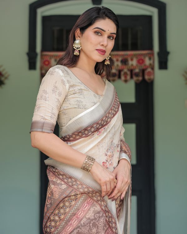 Ivory Linen Cotton Saree with Floral Print & Detailed Pallu