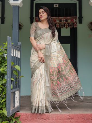 Ivory Linen Cotton Saree with Tribal Print Border and Pallu