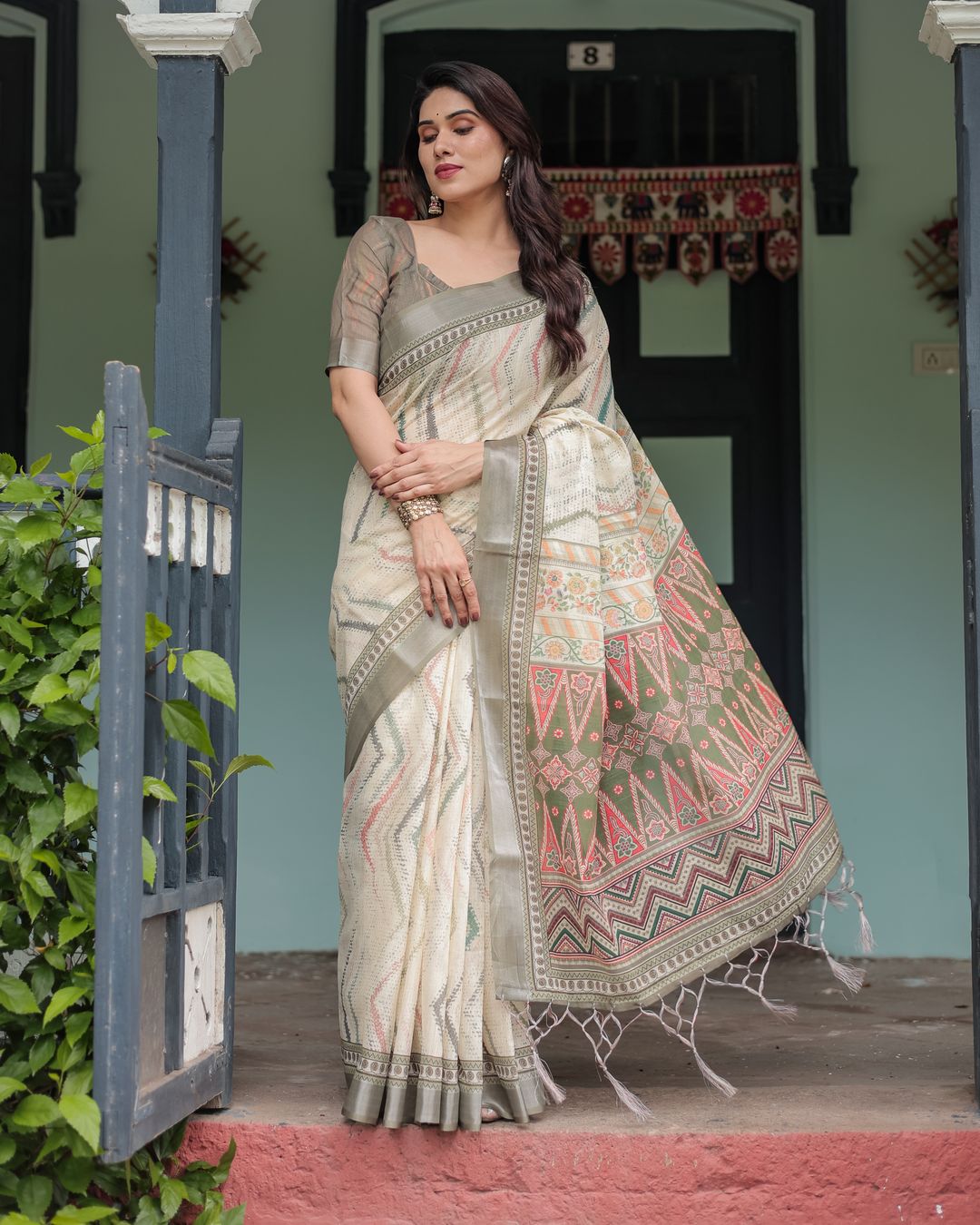Ivory Linen Cotton Saree with Tribal Print Border and Pallu