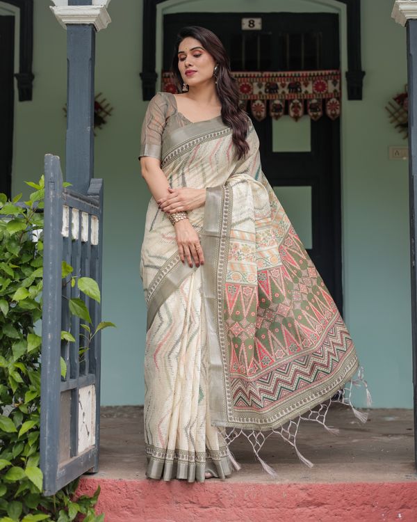 Ivory Linen Cotton Saree with Tribal Print Border and Pallu