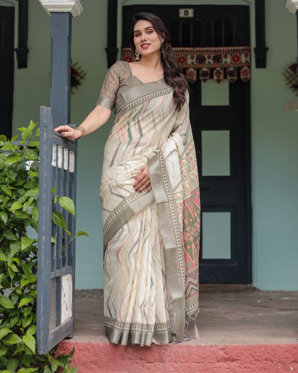 Ivory Linen Cotton Saree with Tribal Print Border and Pallu