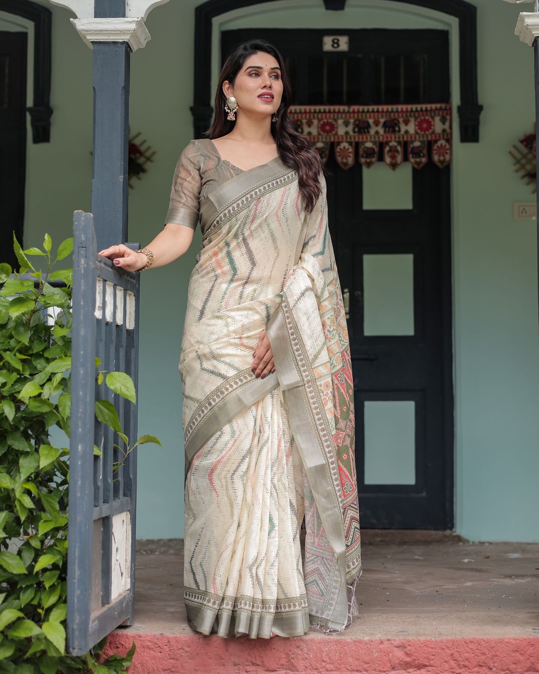 Ivory Linen Cotton Saree with Tribal Print Border and Pallu