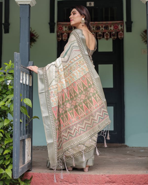 Ivory Linen Cotton Saree with Tribal Print Border and Pallu