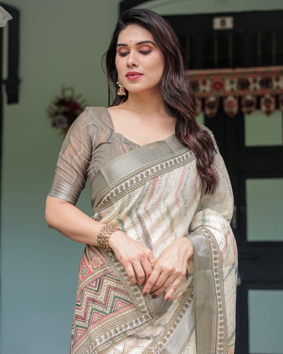 Ivory Linen Cotton Saree with Tribal Print Border and Pallu
