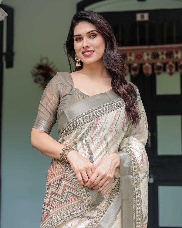 Ivory Linen Cotton Saree with Tribal Print Border and Pallu