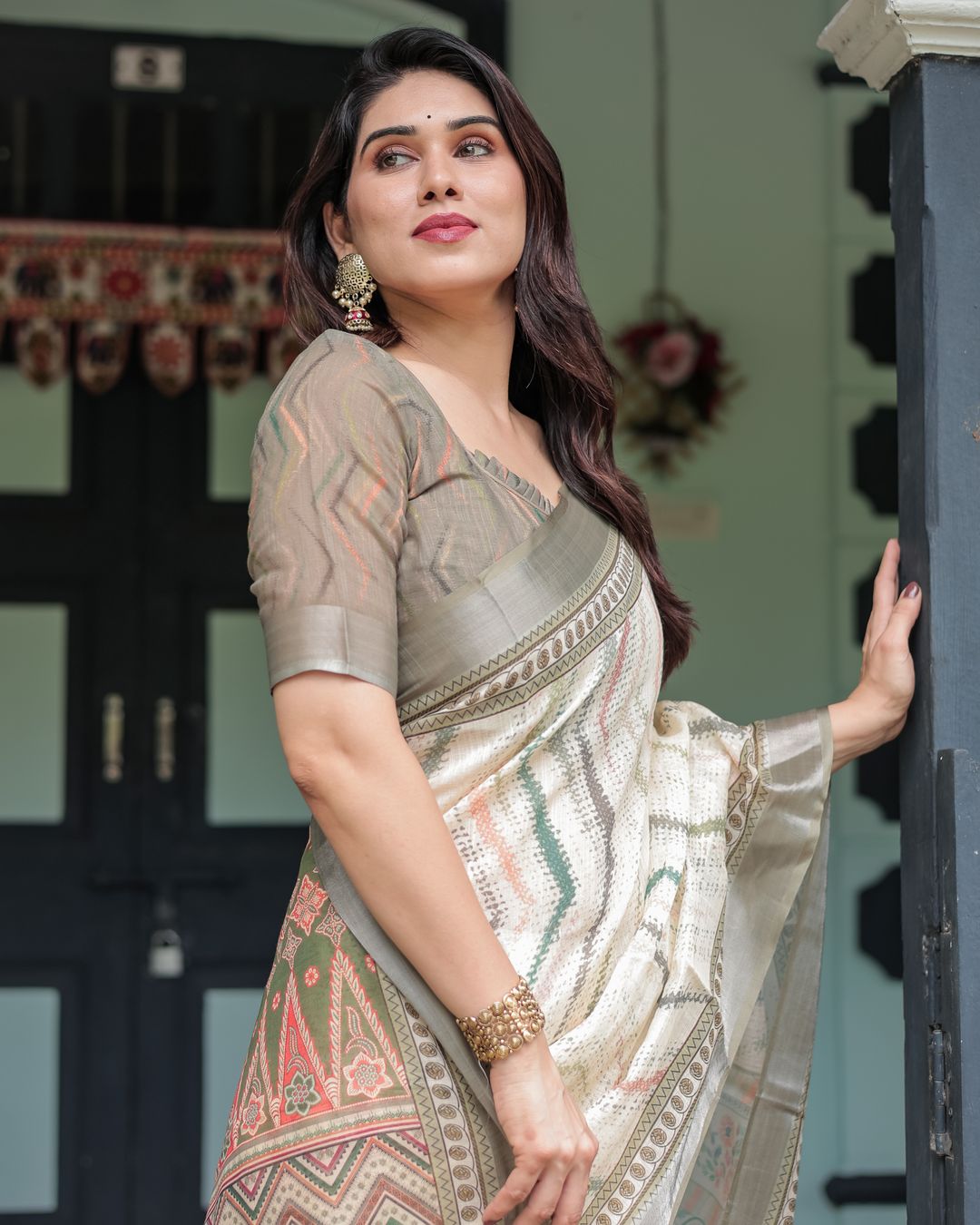 Ivory Linen Cotton Saree with Tribal Print Border and Pallu