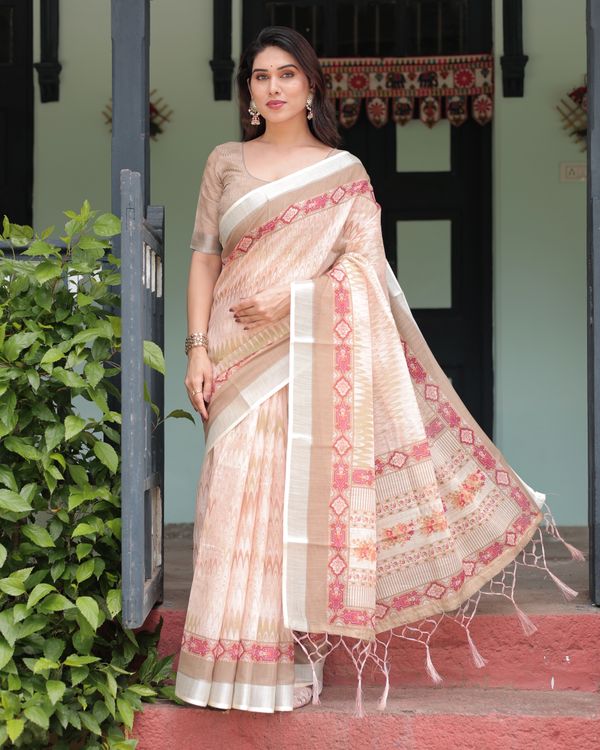 Beige Linen Cotton Saree with Geometric Print & Red Border