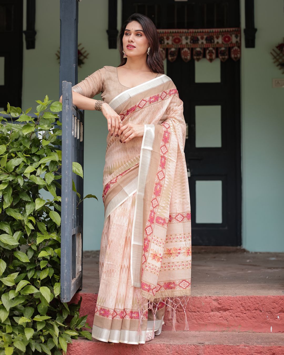 Beige Linen Cotton Saree with Geometric Print & Red Border