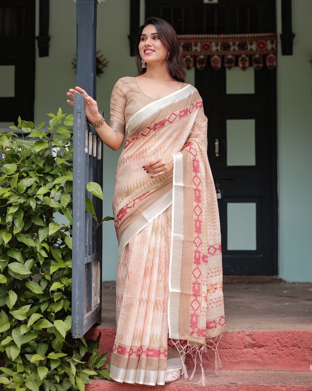 Beige Linen Cotton Saree with Geometric Print & Red Border