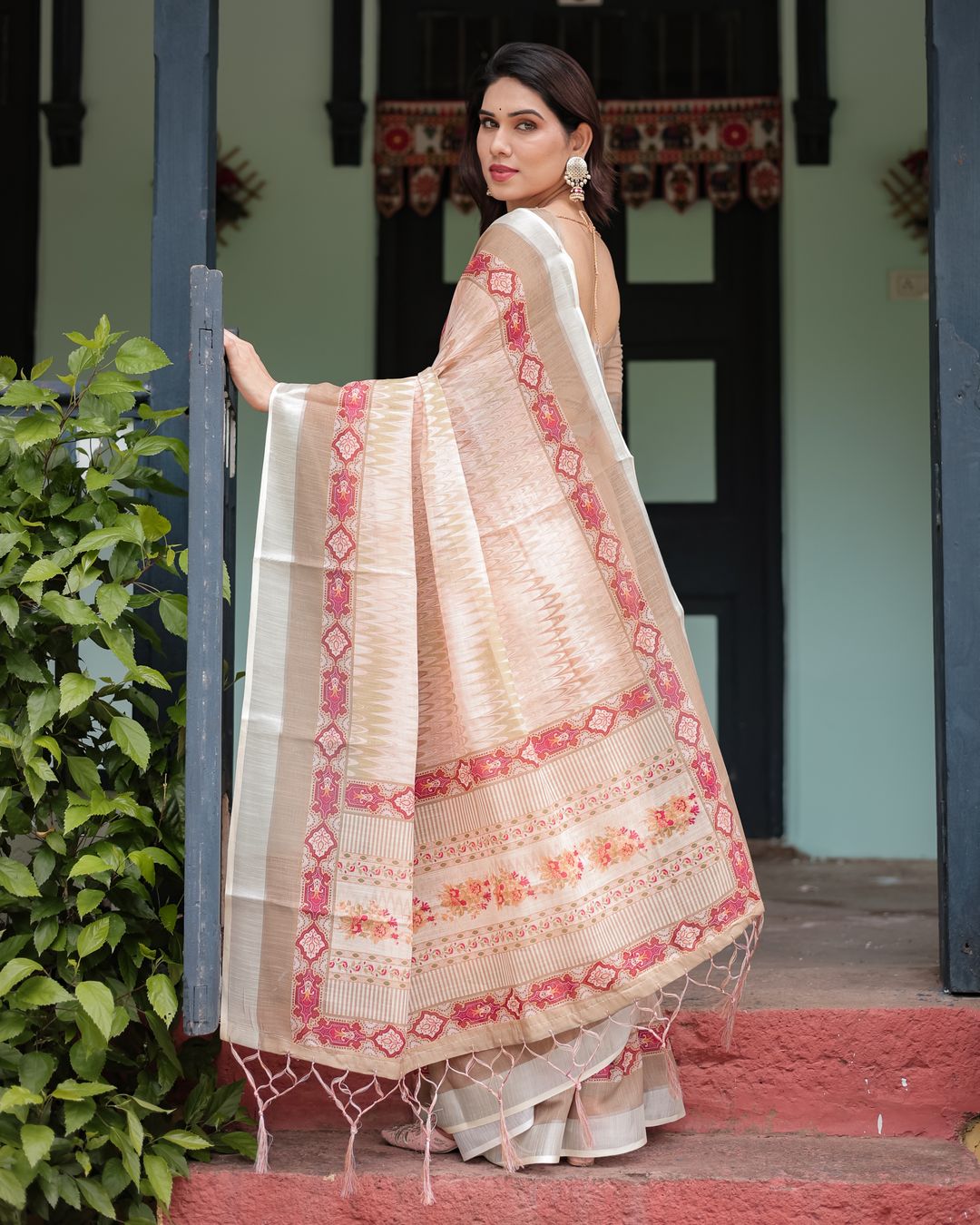 Beige Linen Cotton Saree with Geometric Print & Red Border