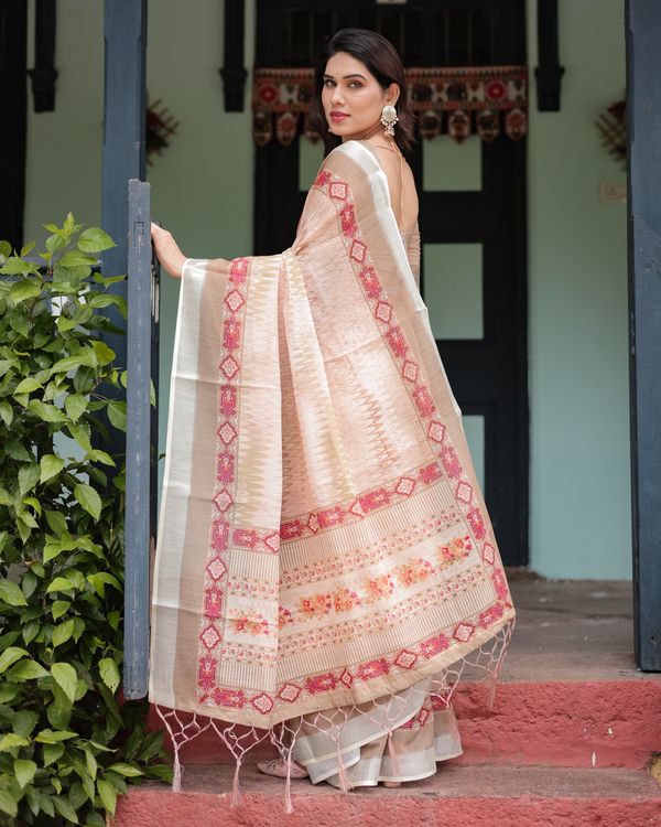 Beige Linen Cotton Saree with Geometric Print & Red Border