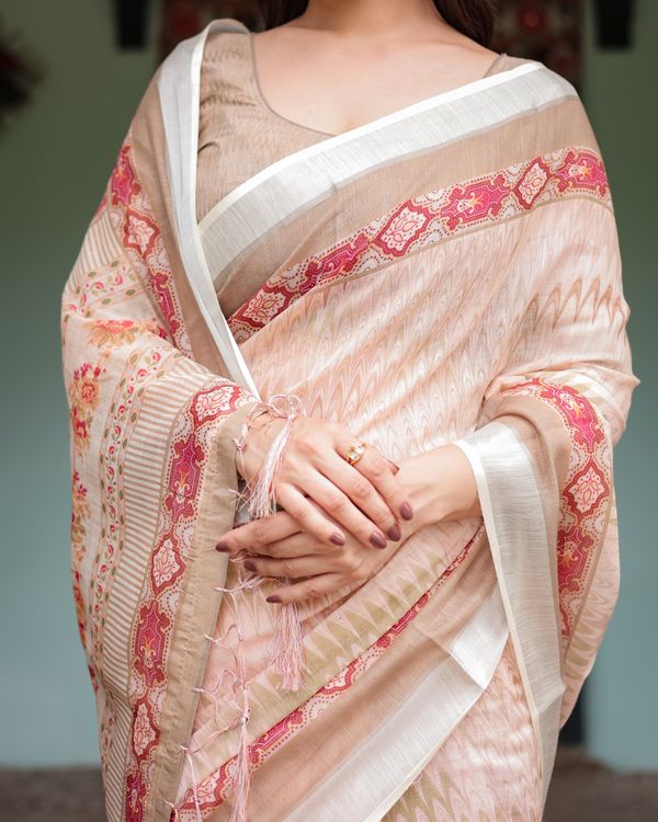 Beige Linen Cotton Saree with Geometric Print & Red Border