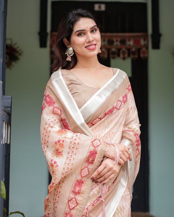 Beige Linen Cotton Saree with Geometric Print & Red Border