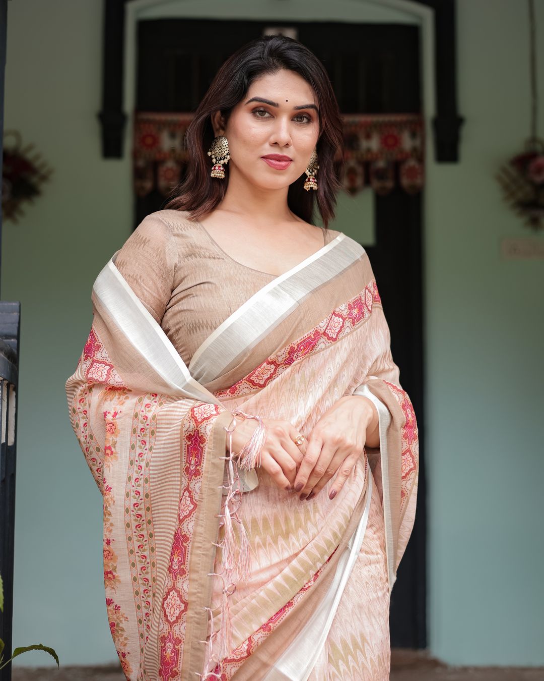 Beige Linen Cotton Saree with Geometric Print & Red Border