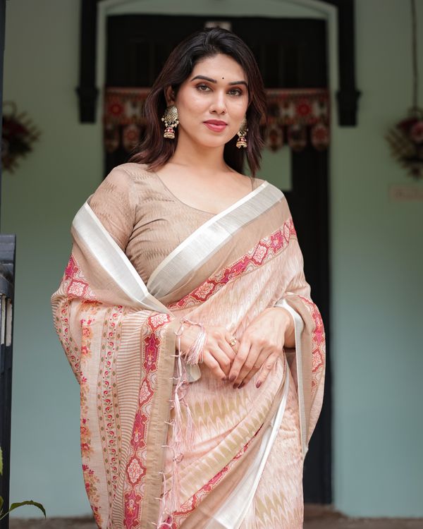 Beige Linen Cotton Saree with Geometric Print & Red Border