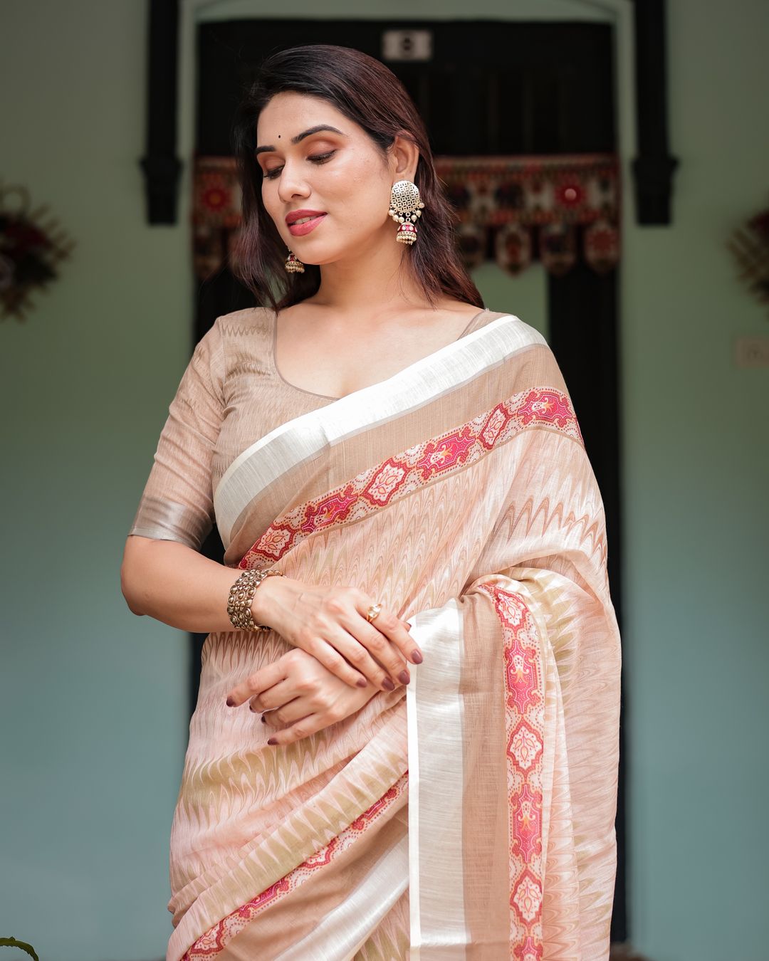 Beige Linen Cotton Saree with Geometric Print & Red Border